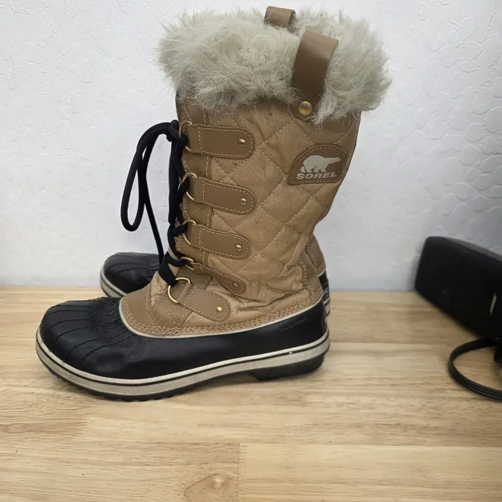 Sorel Tofino Winter Faux Fur Tall Tan Black Snow Boots NL1937-374 Wmn Size 9.5